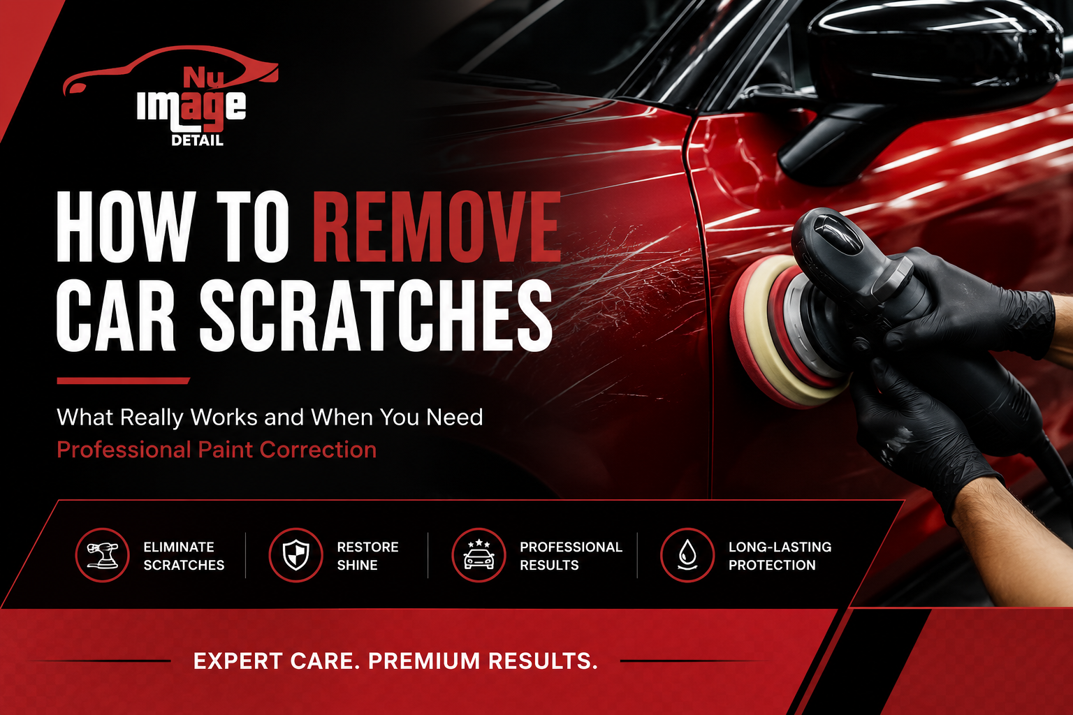 Professional technician removing scratches from black car paint